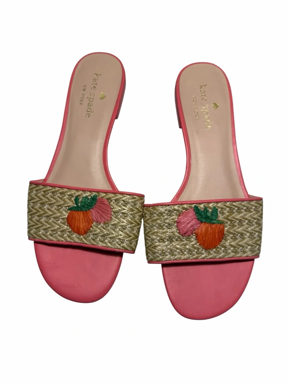 kate spade Finfetti Woven  Strawberry Pink Straw Slide Sandals Sz 7B